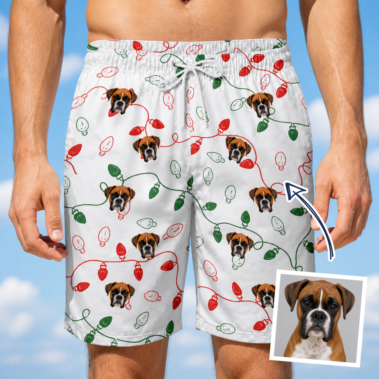 Man wearing Men's Merry Circuits Custom Dog Face Beach Shorts — custom faces printed all-over