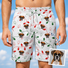 Man wearing Men's Merry Circuits Custom Dog Face Beach Shorts — custom faces printed all-over