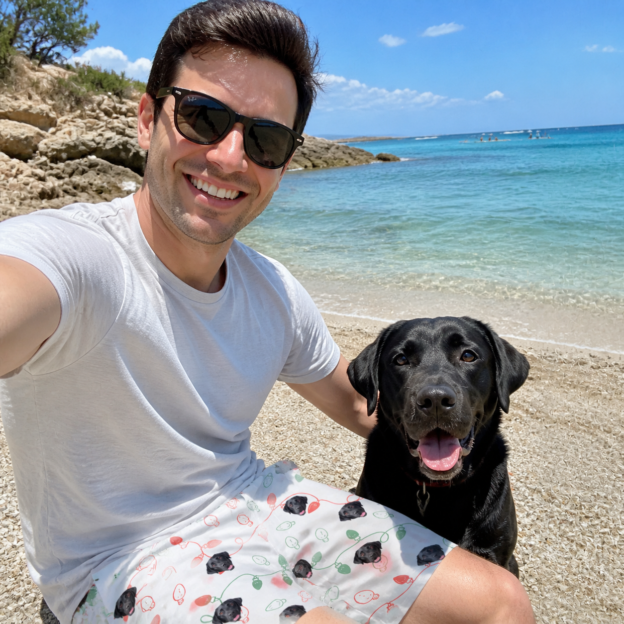 Selfie with the pet whose face is printed all over this Men's Merry Circuits Custom Dog Face Beach Shorts