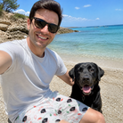 Selfie with the pet whose face is printed all over this Men's Merry Circuits Custom Dog Face Beach Shorts