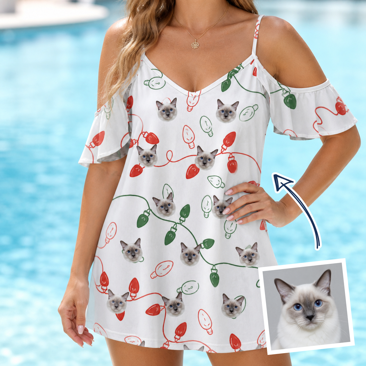 Woman wearing Women's Merry Circuits Custom Cat Face Off-Shoulder Dress — custom faces printed all-over