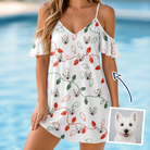 Woman wearing Women's Merry Circuits Custom Dog Face Off-Shoulder Dress — custom faces printed all-over