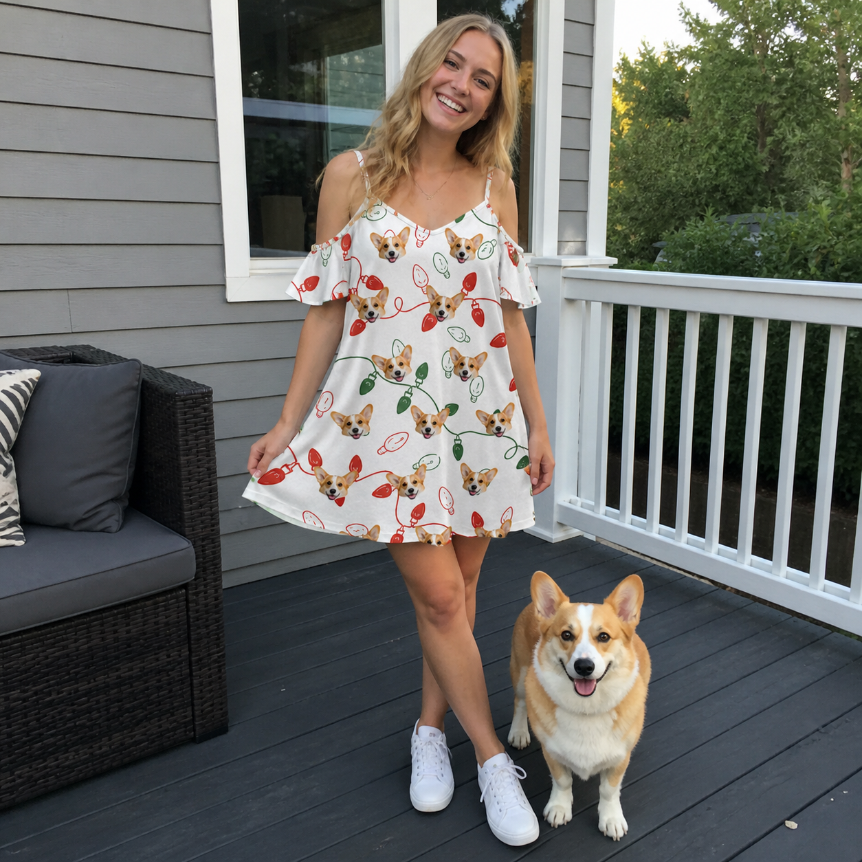 Full-length photo with the pet printed all over this Women's Merry Circuits Custom Dog Face Off-Shoulder Dress