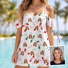 Woman wearing Women's Merry Circuits Custom Face Off-Shoulder Dress — custom faces printed all-over