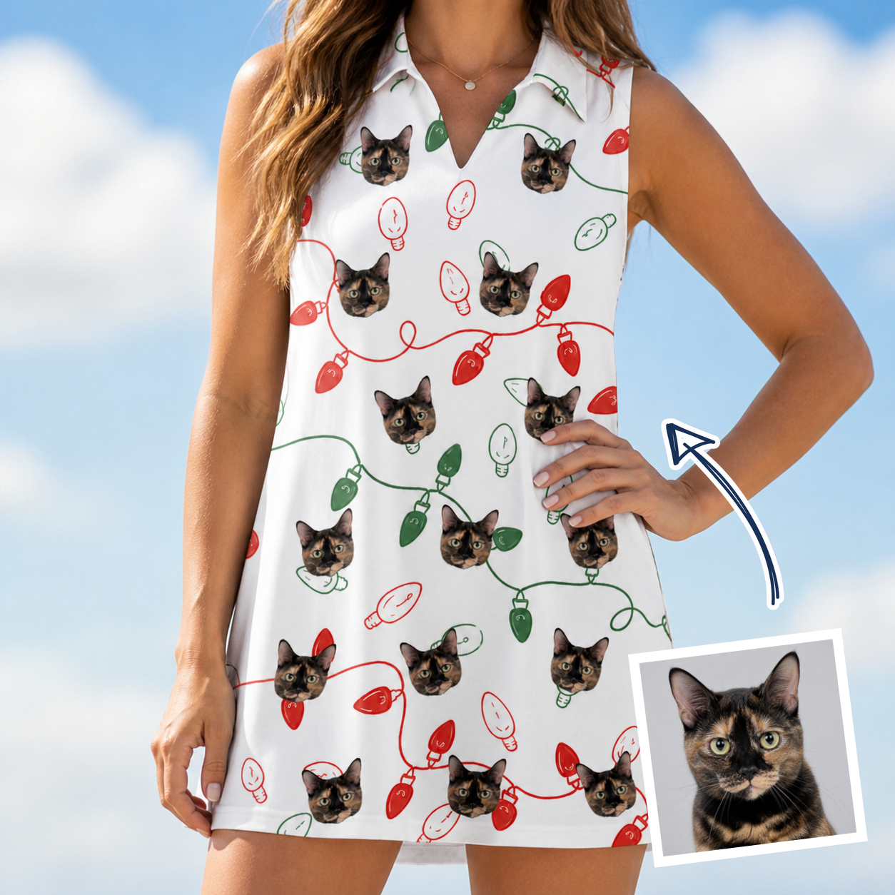 Woman wearing Women's Merry Circuits Custom Cat Face V-Neck Dress — custom faces printed all-over
