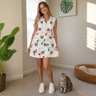Full-length photo with the pet printed all over this Women's Merry Circuits Custom Cat Face V-Neck Dress