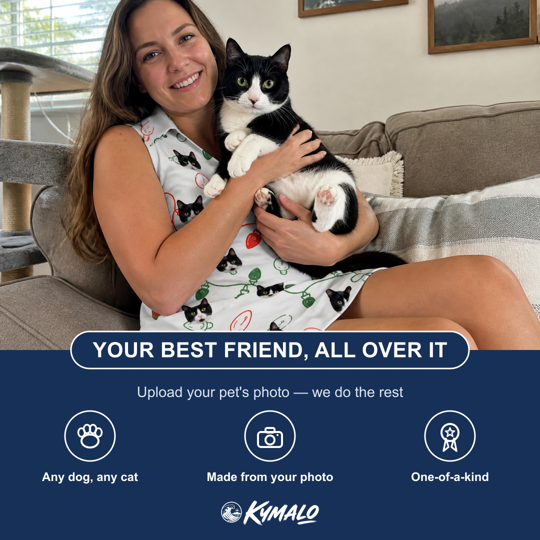 Friends in matching Women's Merry Circuits Custom Cat Face V-Neck Dress — a group gift photo