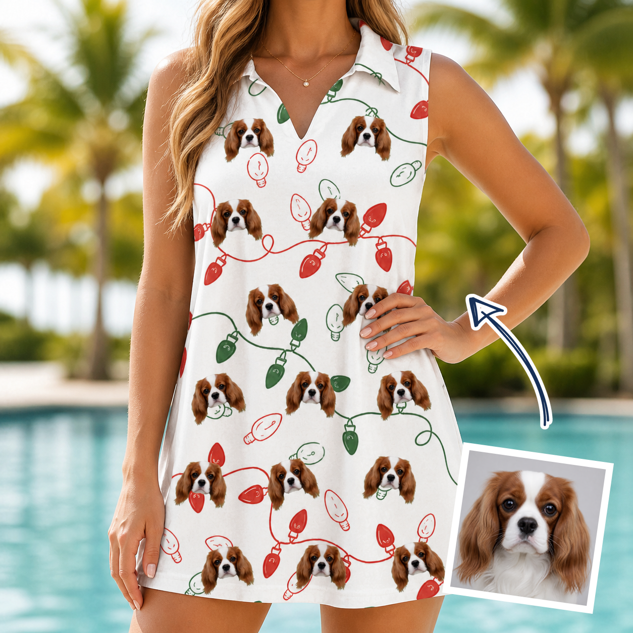 Woman wearing Women's Merry Circuits Custom Dog Face V-Neck Dress — custom faces printed all-over