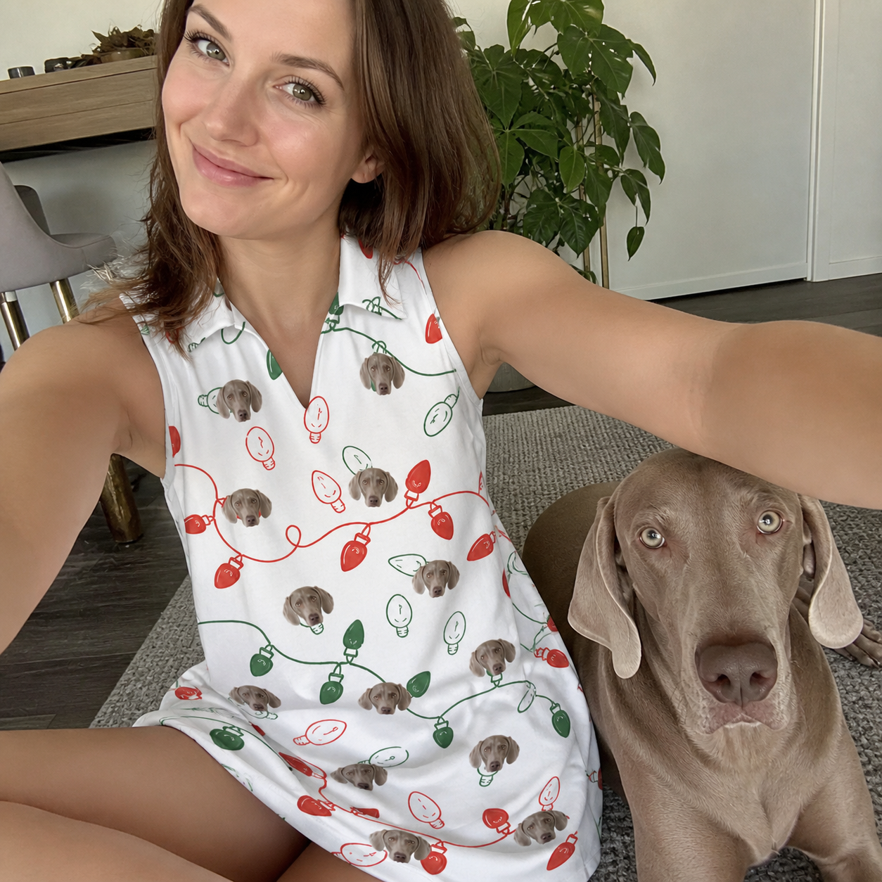 Selfie with the pet whose face is printed all over this Women's Merry Circuits Custom Dog Face V-Neck Dress