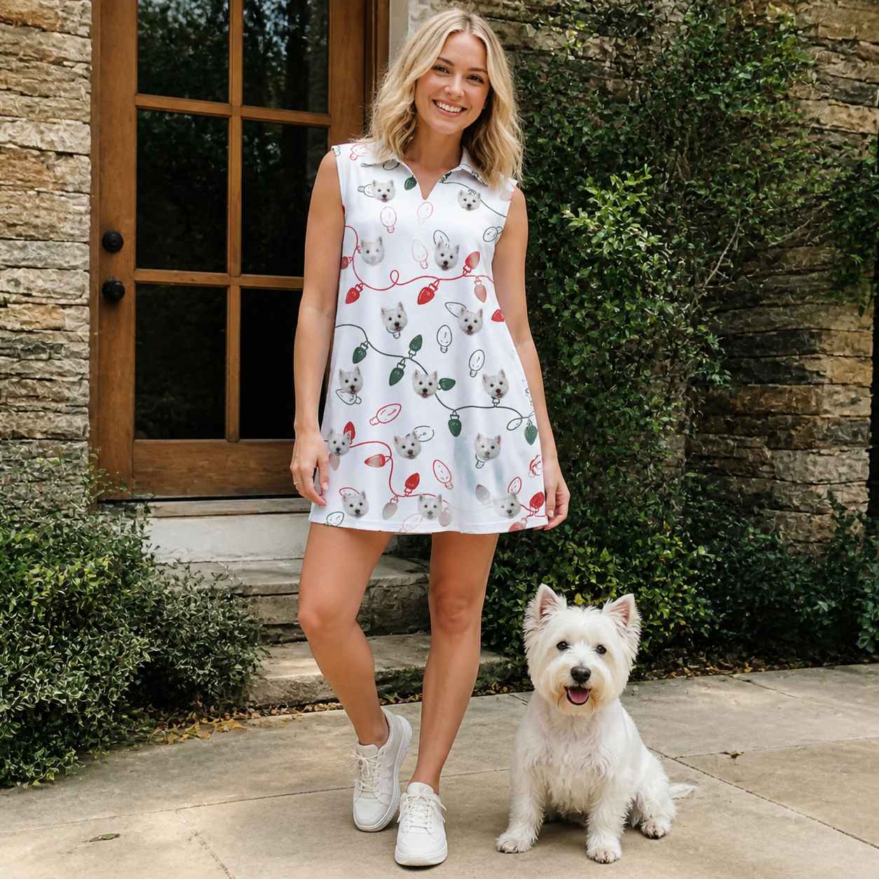 Full-length photo with the pet printed all over this Women's Merry Circuits Custom Dog Face V-Neck Dress