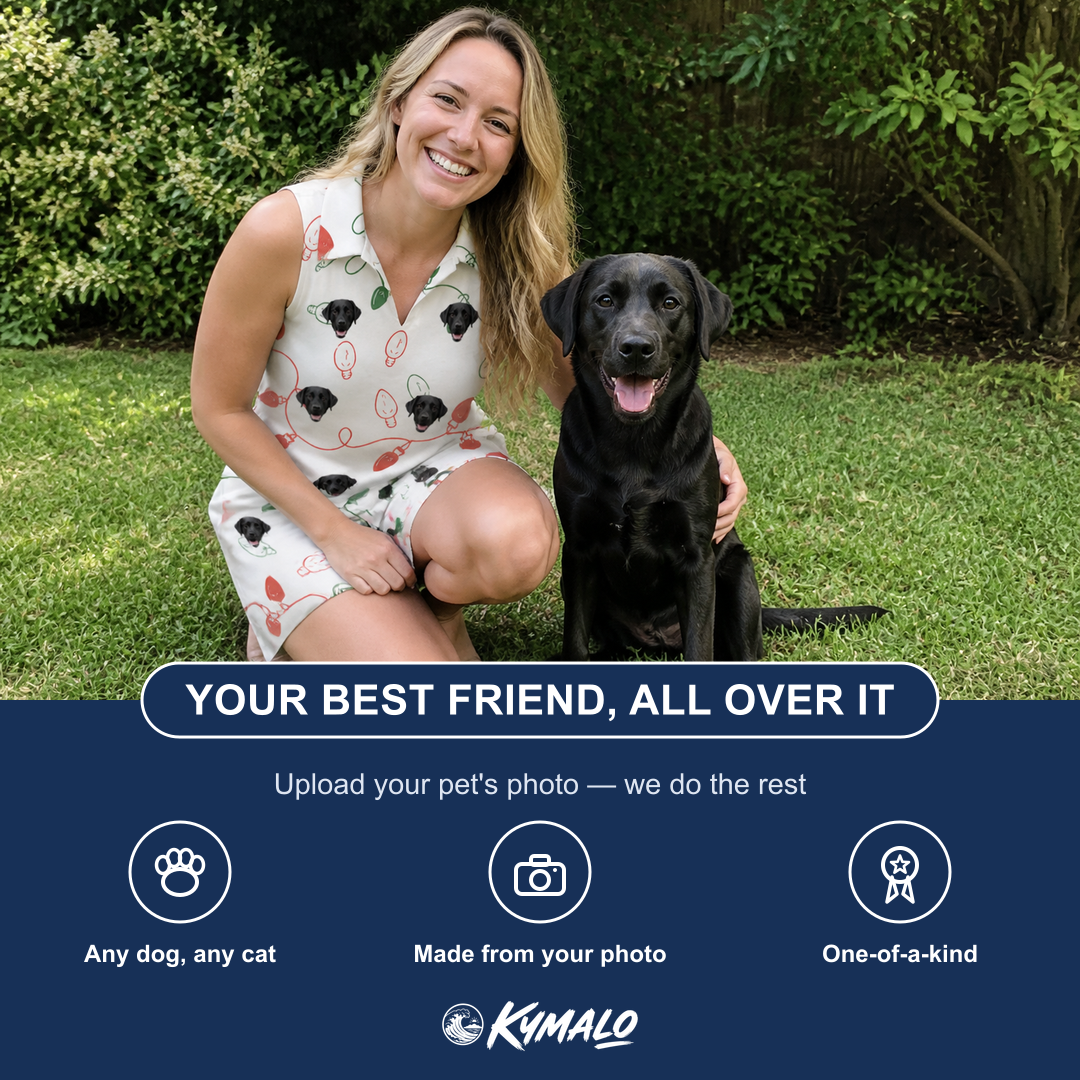 Friends in matching Women's Merry Circuits Custom Dog Face V-Neck Dress — a group gift photo