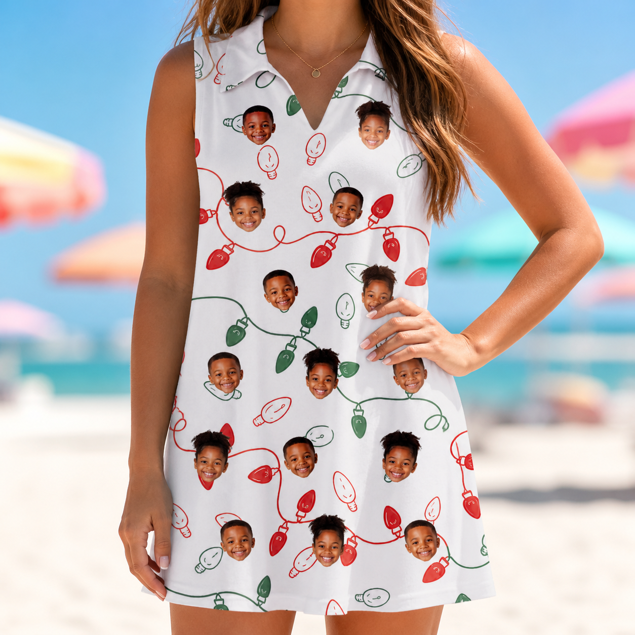 Model wearing Women's Merry Circuits Custom Face V-Neck Dress printed with kids' faces