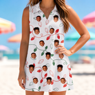 Model wearing Women's Merry Circuits Custom Face V-Neck Dress printed with kids' faces