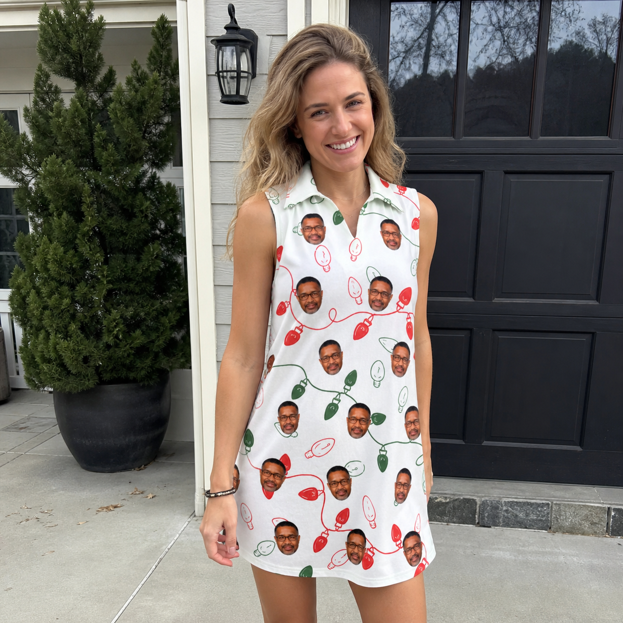 Real-life photo of someone wearing Women's Merry Circuits Custom Face V-Neck Dress — custom faces printed all-over