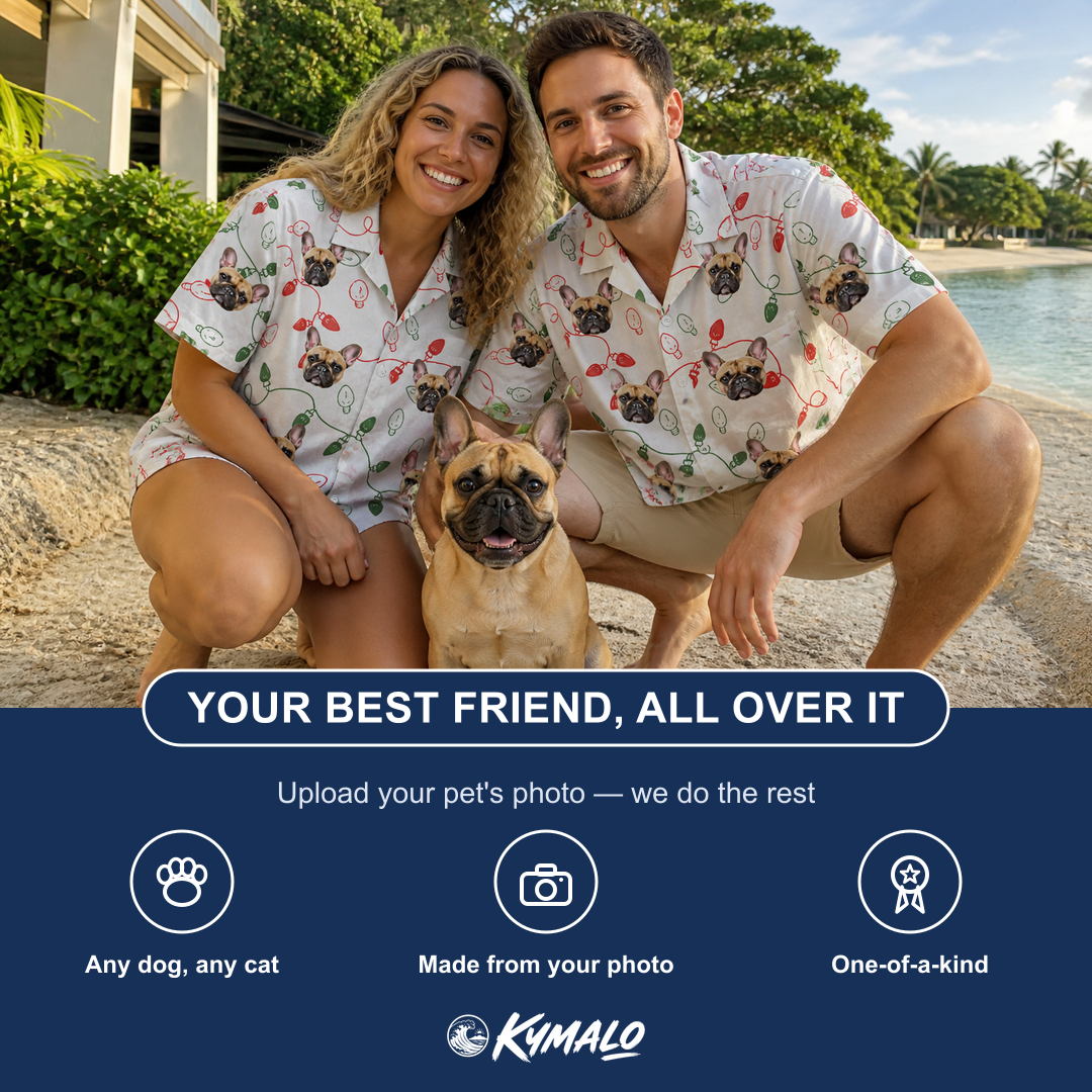 Friends in matching Men's Merry Circuits Custom Dog Face Hawaiian Shirt — a group gift photo