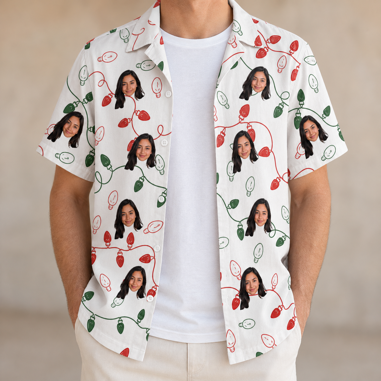 Man wearing Men's Merry Circuits Custom Face Hawaiian Shirt open over a white tee