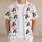 Man wearing Men's Merry Circuits Custom Face Hawaiian Shirt open over a white tee