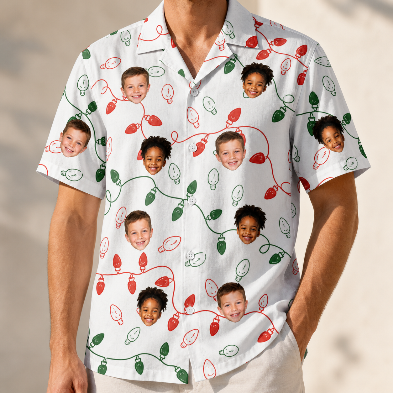 Model wearing Men's Merry Circuits Custom Face Hawaiian Shirt printed with kids' faces