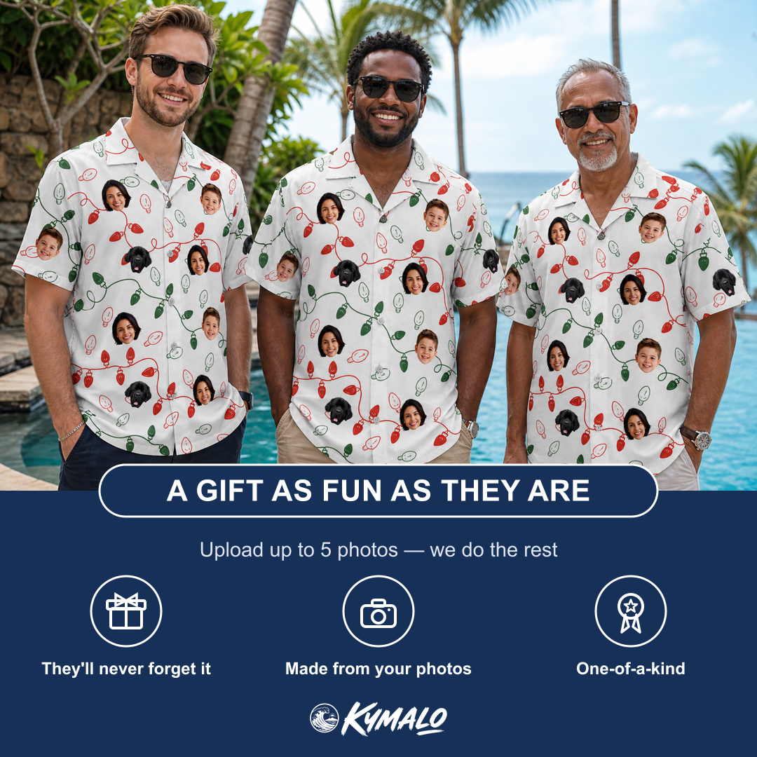 Friends in matching Men's Merry Circuits Custom Face Hawaiian Shirt — a group gift photo