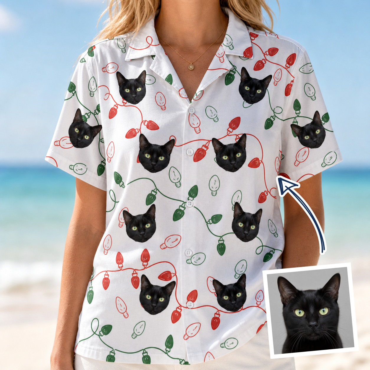 Woman wearing Women's Merry Circuits Custom Cat Face Hawaiian Shirt — custom faces printed all-over