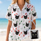 Woman wearing Women's Merry Circuits Custom Cat Face Hawaiian Shirt — custom faces printed all-over