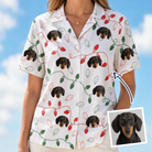 Woman wearing Women's Merry Circuits Custom Dog Face Hawaiian Shirt — custom faces printed all-over