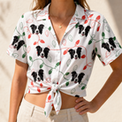 Woman wearing Women's Merry Circuits Custom Dog Face Hawaiian Shirt tied at the waist