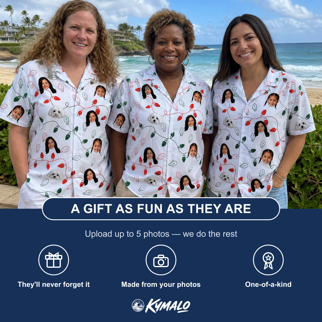 Friends in matching Women's Merry Circuits Custom Face Hawaiian Shirt — a group gift photo