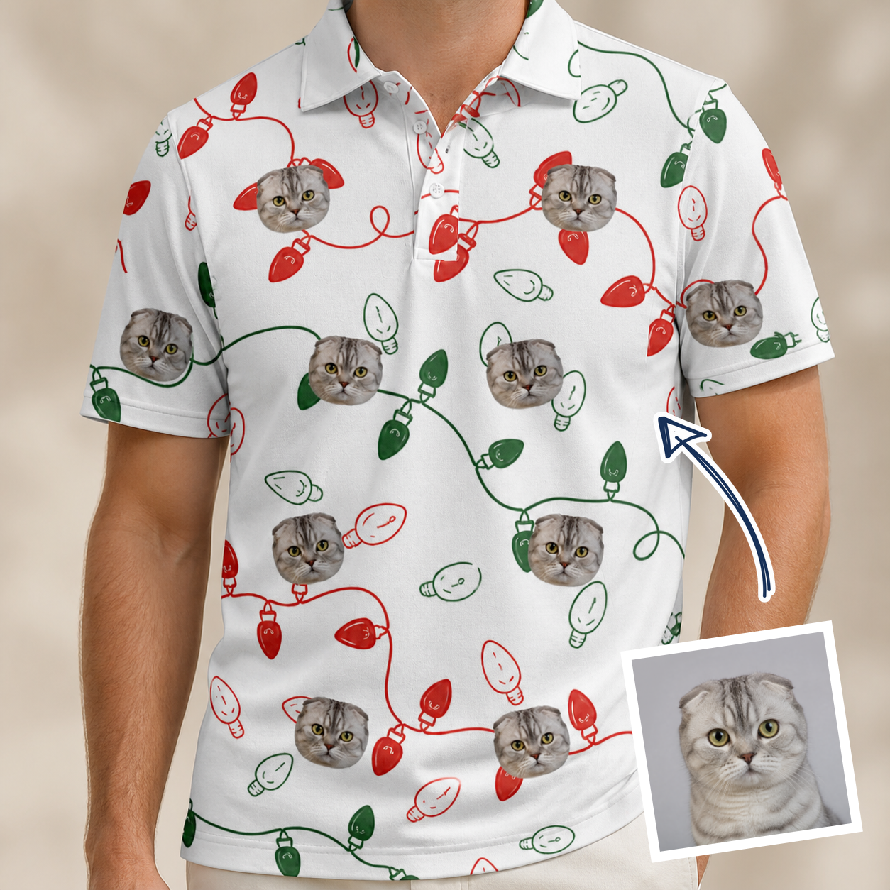 Man wearing Men's Merry Circuits Custom Cat Face Polo Shirt — custom faces printed all-over