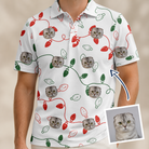 Man wearing Men's Merry Circuits Custom Cat Face Polo Shirt — custom faces printed all-over