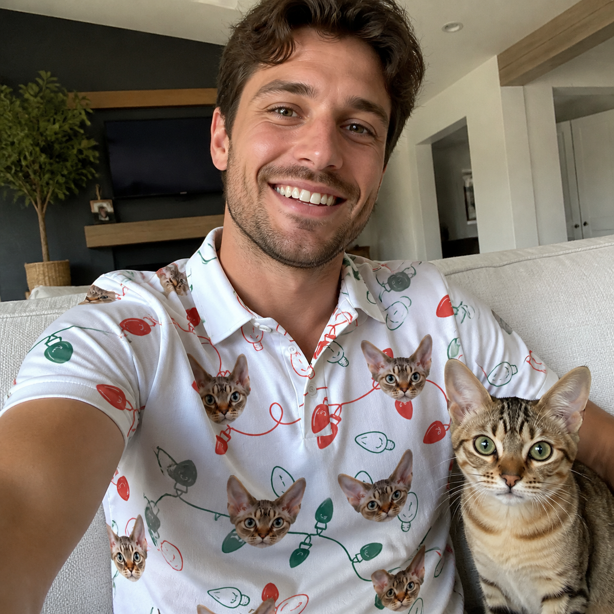 Selfie with the pet whose face is printed all over this Men's Merry Circuits Custom Cat Face Polo Shirt