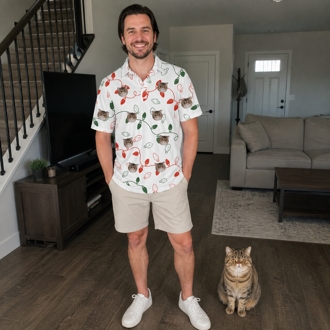 Full-length photo with the pet printed all over this Men's Merry Circuits Custom Cat Face Polo Shirt