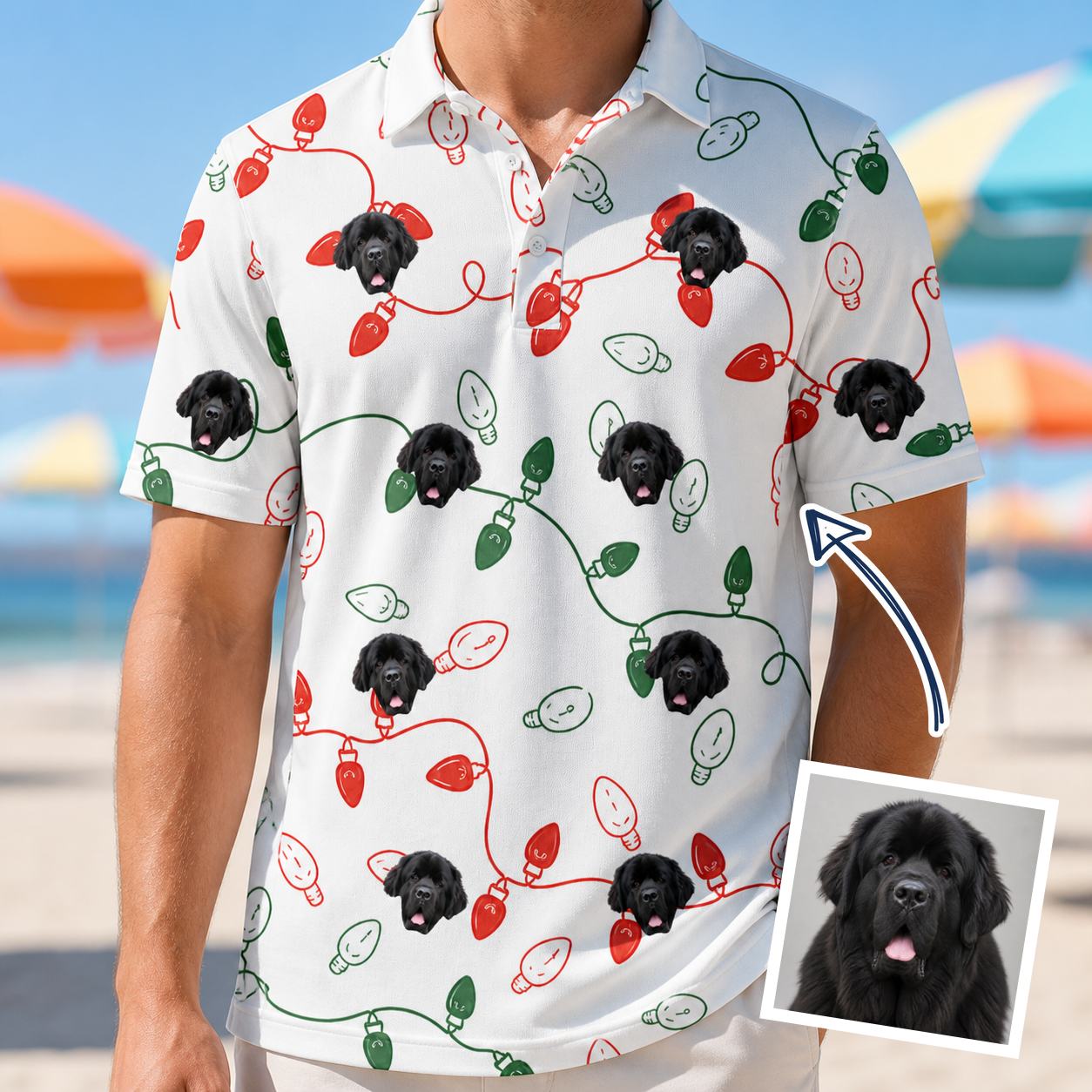 Man wearing Men's Merry Circuits Custom Dog Face Polo Shirt — custom faces printed all-over