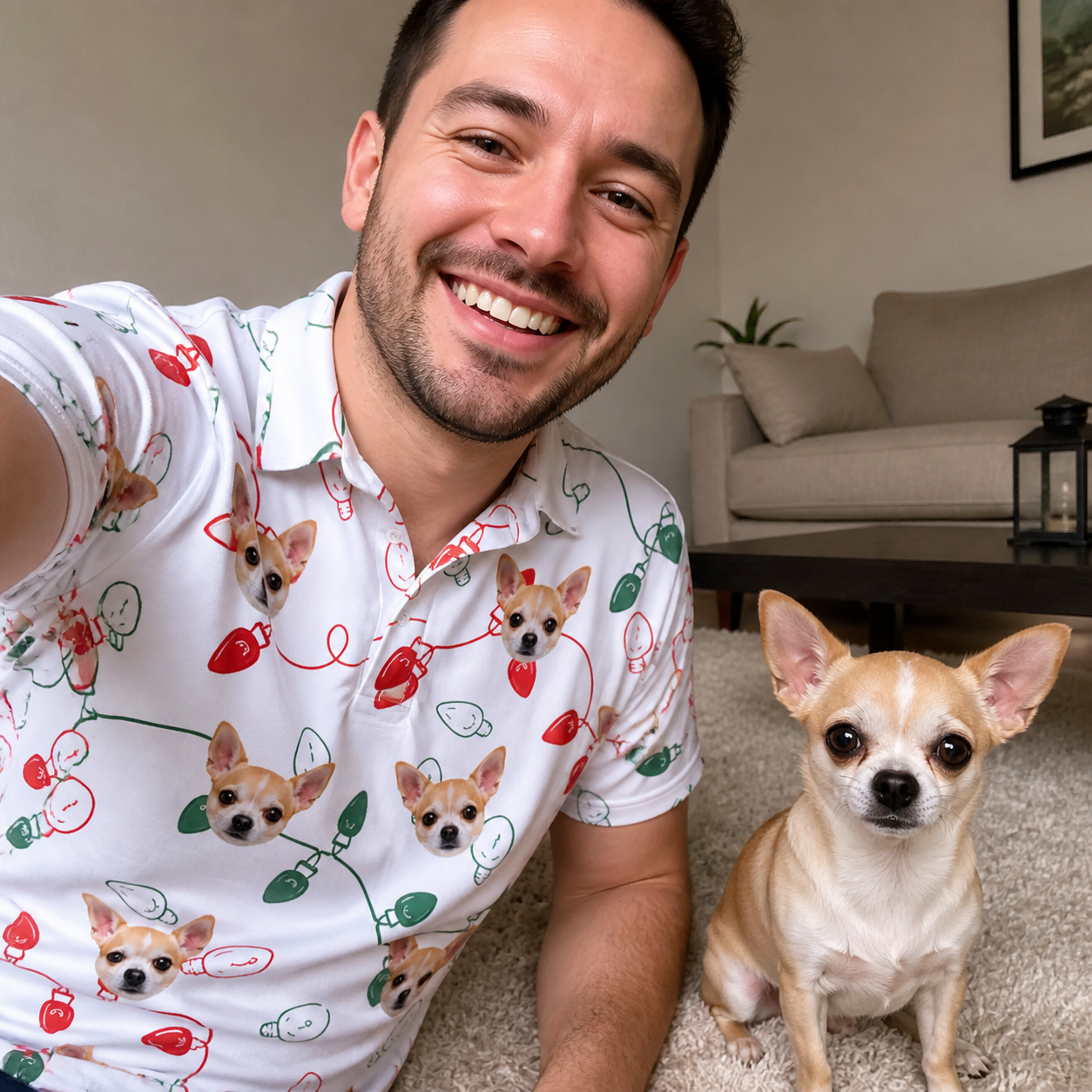 Selfie with the pet whose face is printed all over this Men's Merry Circuits Custom Dog Face Polo Shirt