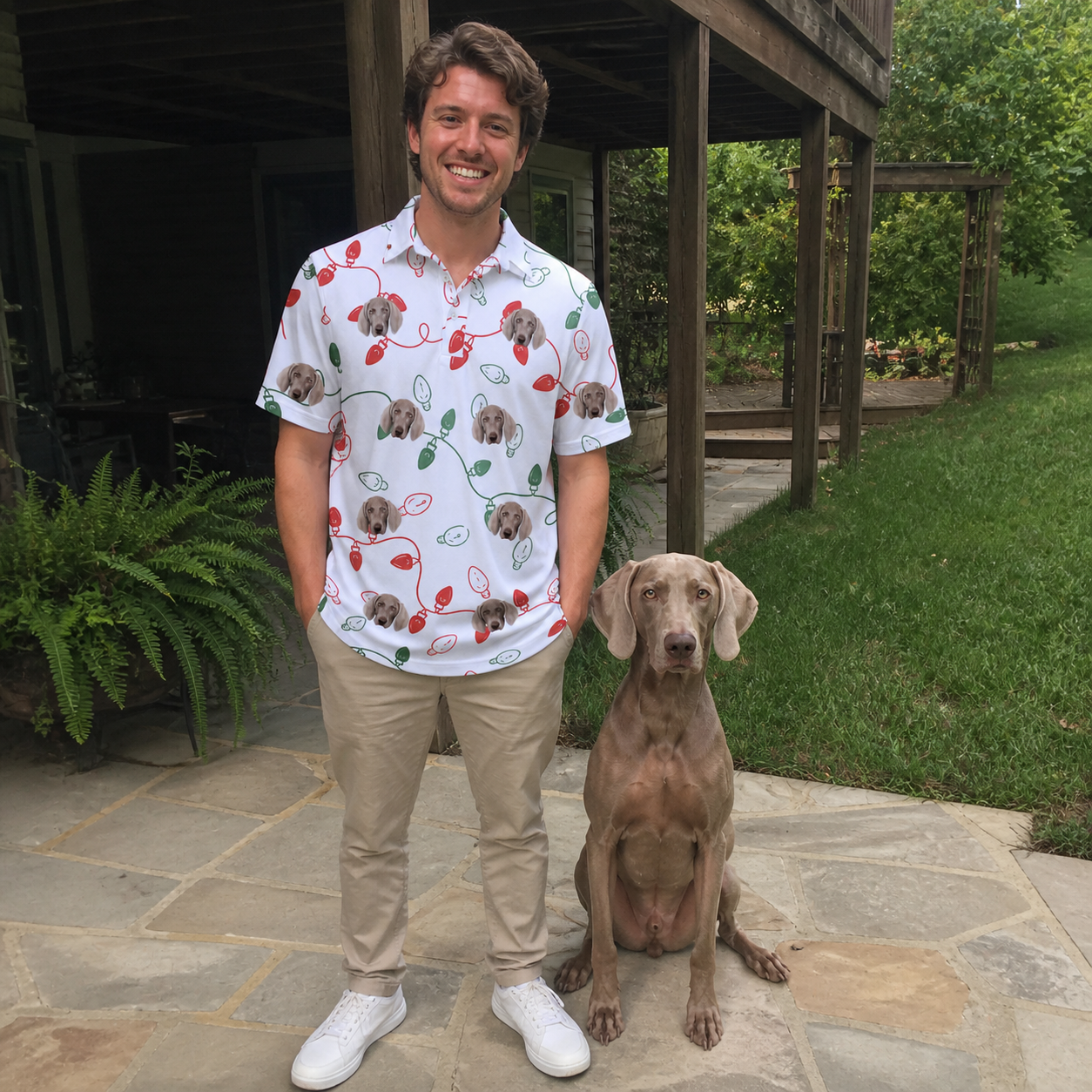 Full-length photo with the pet printed all over this Men's Merry Circuits Custom Dog Face Polo Shirt