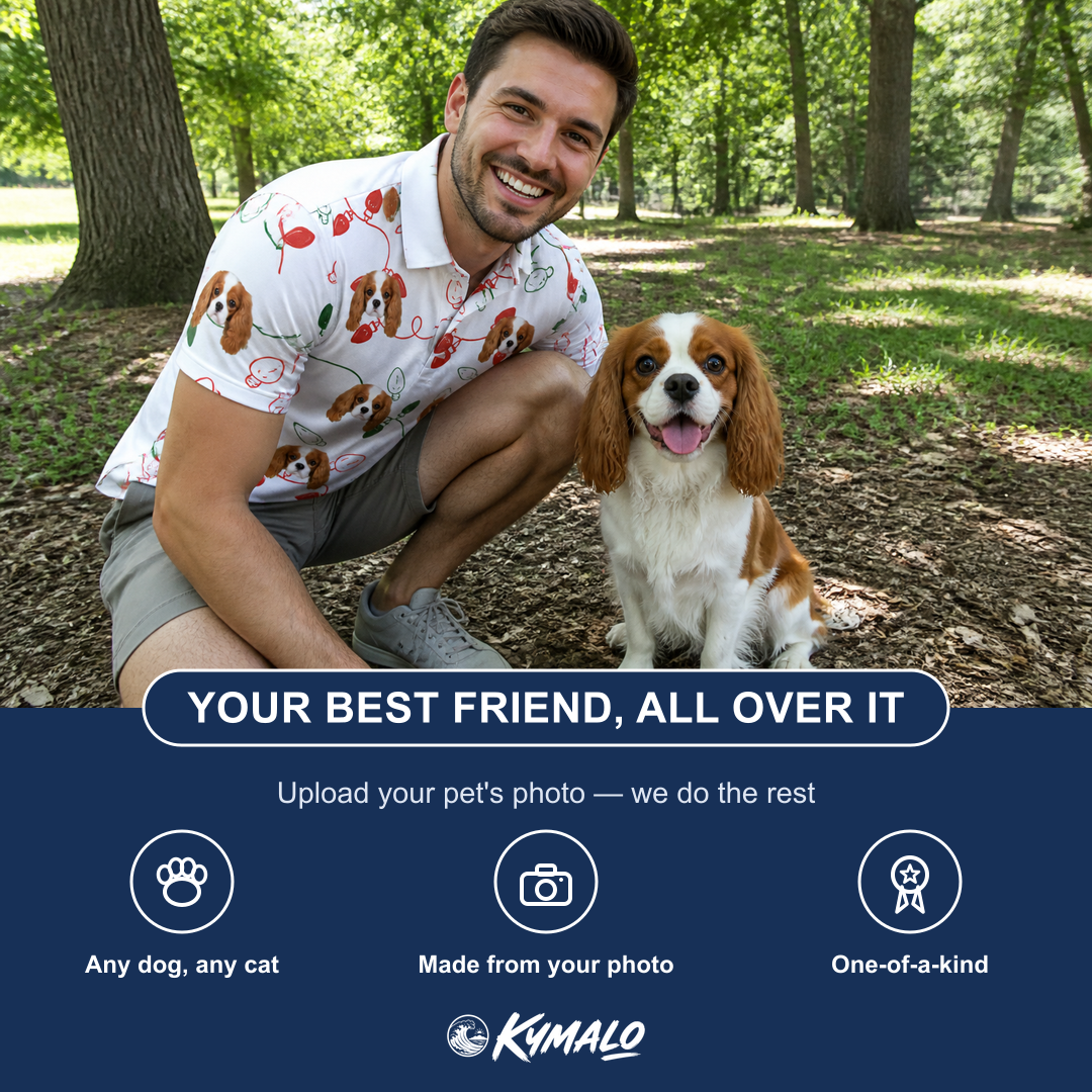 Friends in matching Men's Merry Circuits Custom Dog Face Polo Shirt — a group gift photo