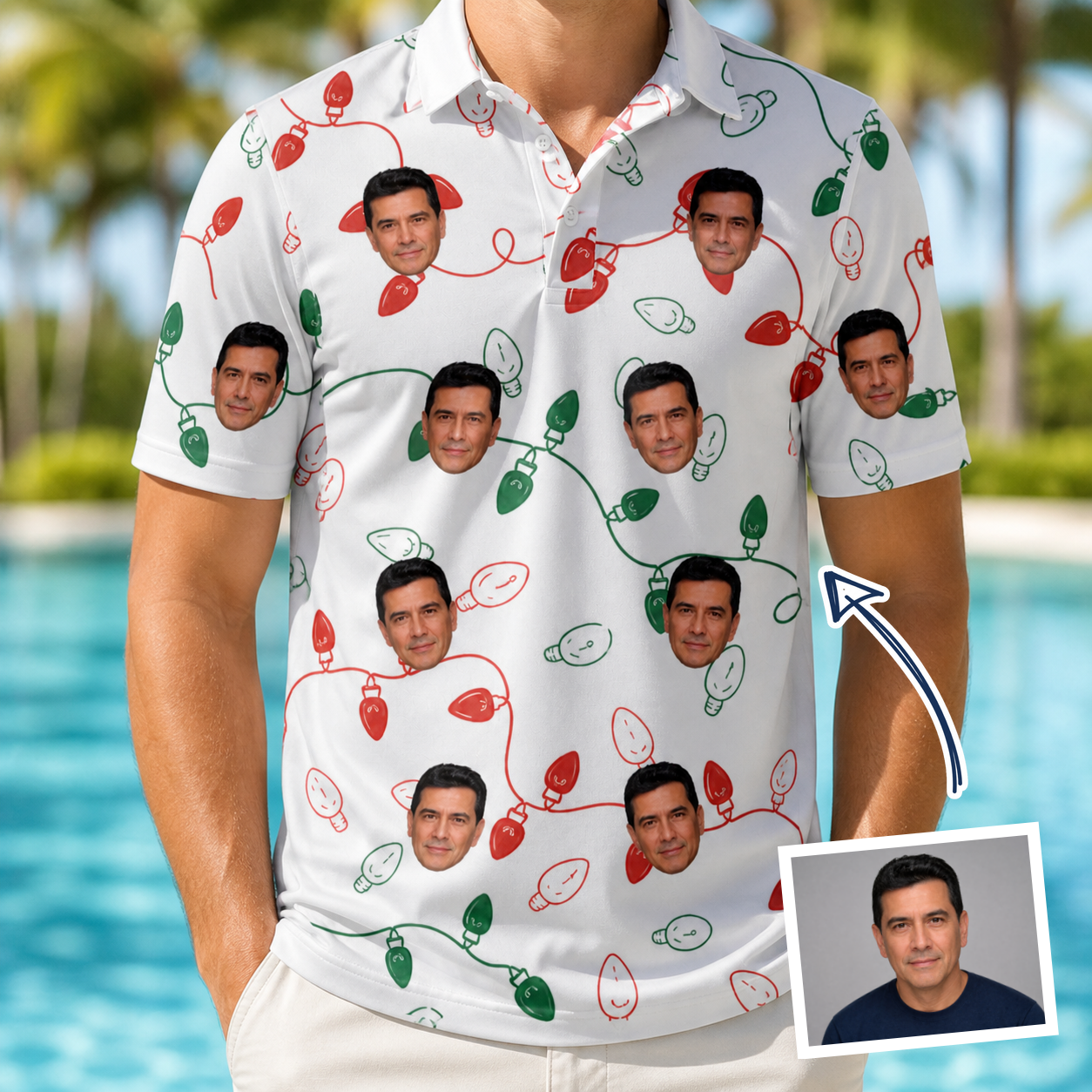 Man wearing Men's Merry Circuits Custom Face Polo Shirt — custom faces printed all-over