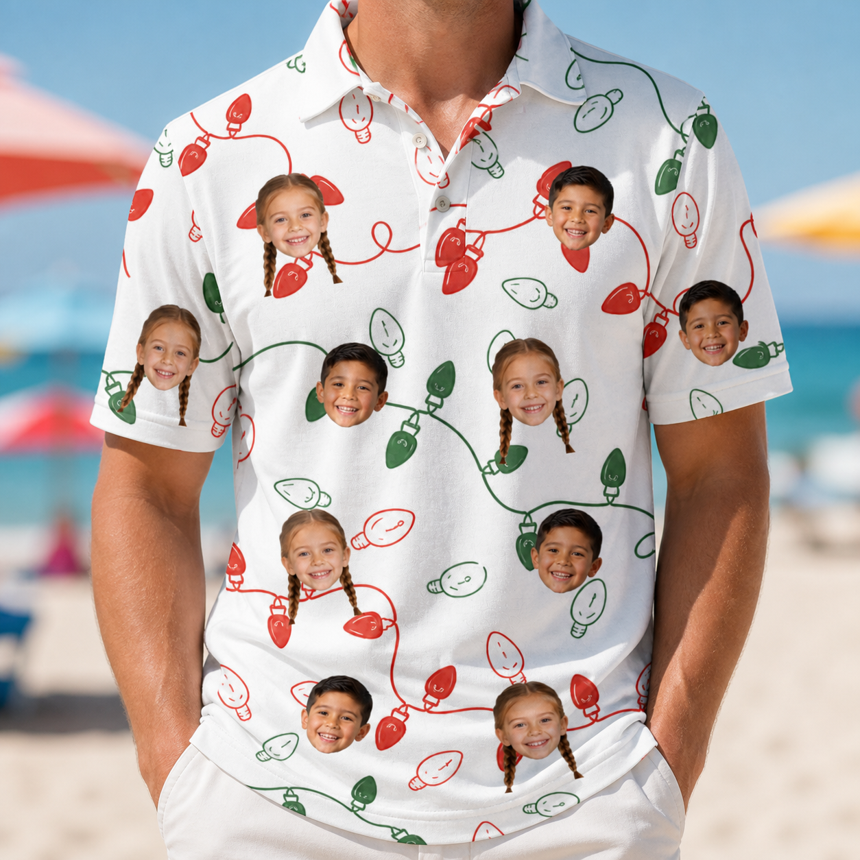 Model wearing Men's Merry Circuits Custom Face Polo Shirt printed with kids' faces