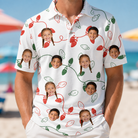Model wearing Men's Merry Circuits Custom Face Polo Shirt printed with kids' faces