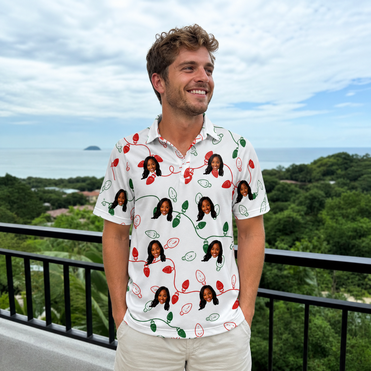 Real-life photo of someone wearing Men's Merry Circuits Custom Face Polo Shirt — custom faces printed all-over