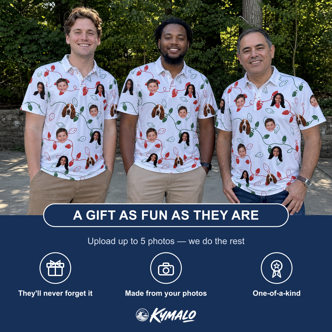 Friends in matching Men's Merry Circuits Custom Face Polo Shirt — a group gift photo
