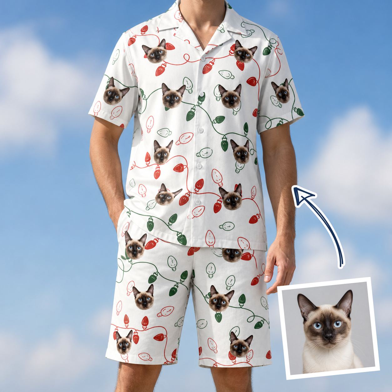 Man wearing Men's Merry Circuits Custom Cat Face Shirt & Shorts Set — custom faces printed all-over
