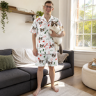 Full-length photo with the pet printed all over this Men's Merry Circuits Custom Cat Face Shirt & Shorts Set