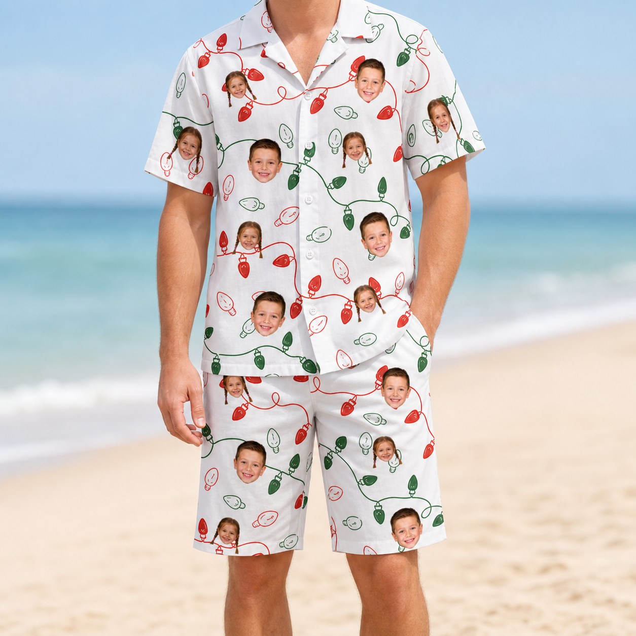 Model wearing Men's Merry Circuits Custom Face Shirt & Shorts Set printed with kids' faces