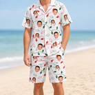 Model wearing Men's Merry Circuits Custom Face Shirt & Shorts Set printed with kids' faces