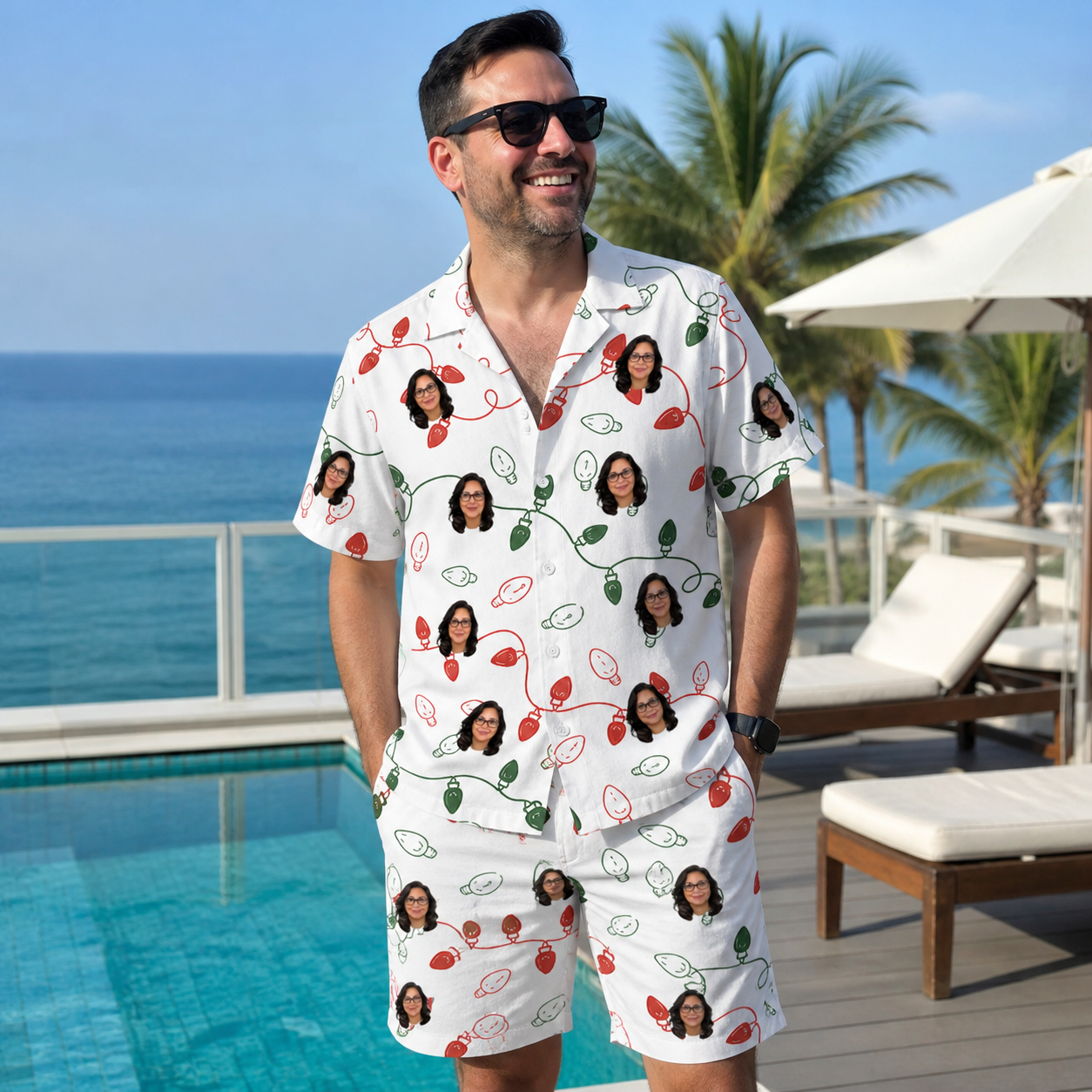 Real-life photo of someone wearing Men's Merry Circuits Custom Face Shirt & Shorts Set — custom faces printed all-over