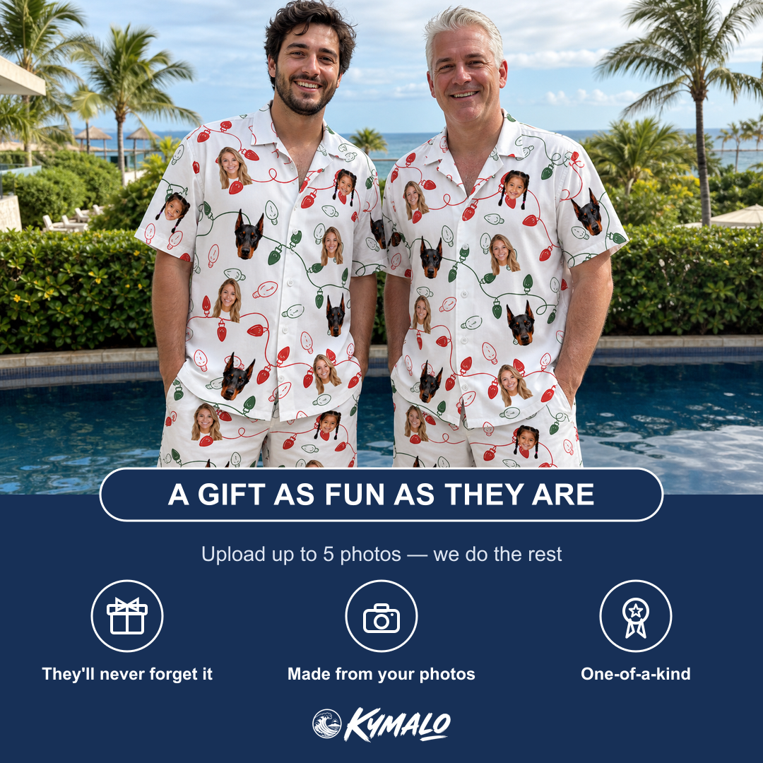 Friends in matching Men's Merry Circuits Custom Face Shirt & Shorts Set — a group gift photo