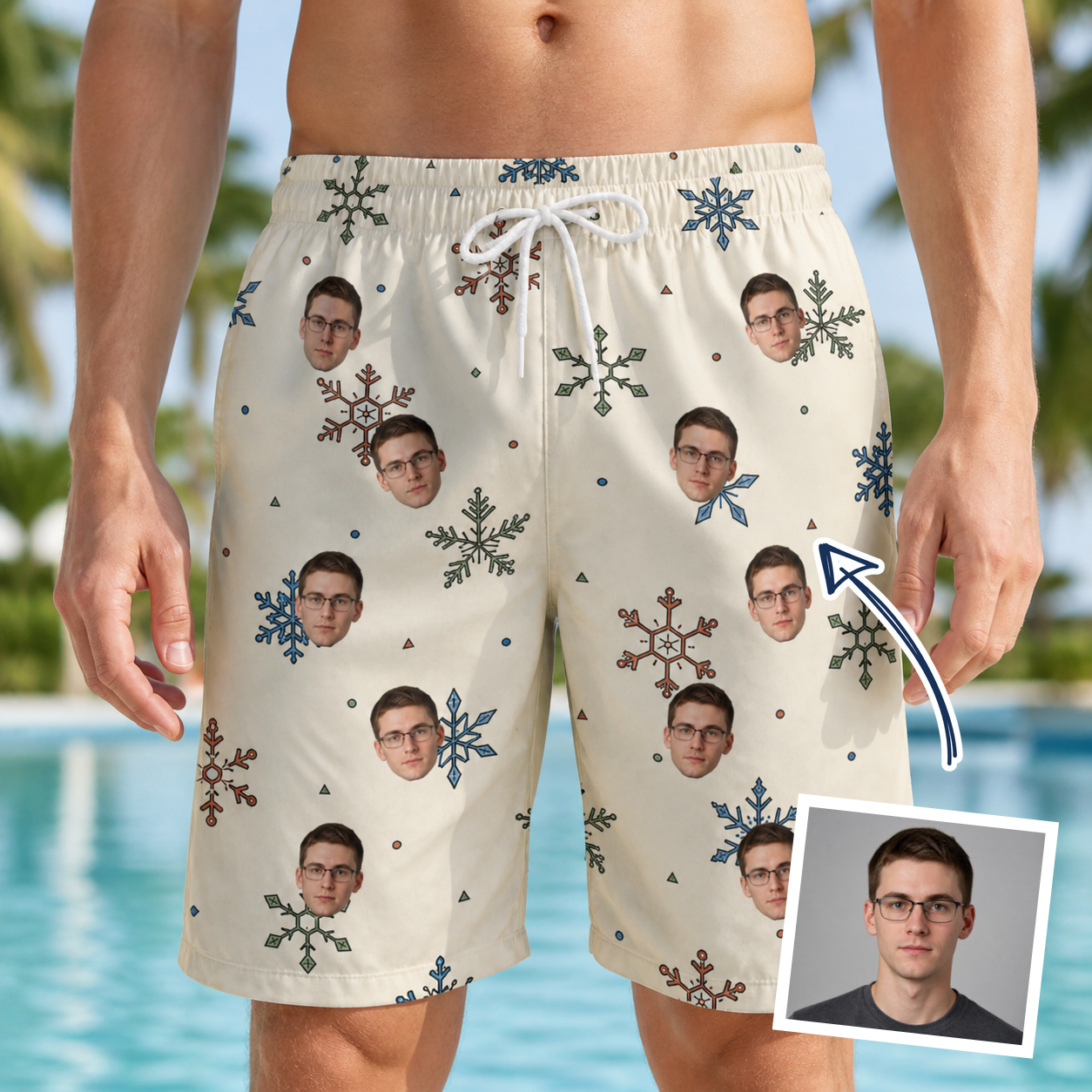 Man wearing Men's Tinsel Tumble Custom Face Beach Shorts — custom faces printed all-over