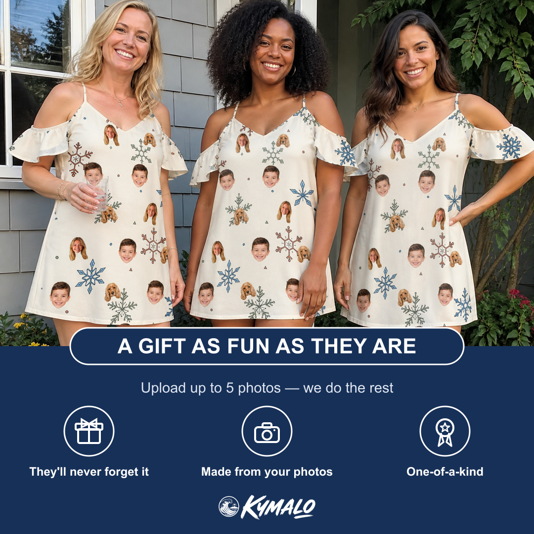 Friends in matching Women's Tinsel Tumble Custom Face Off-Shoulder Dress — a group gift photo