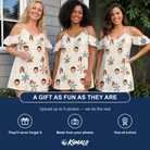 Friends in matching Women's Tinsel Tumble Custom Face Off-Shoulder Dress — a group gift photo